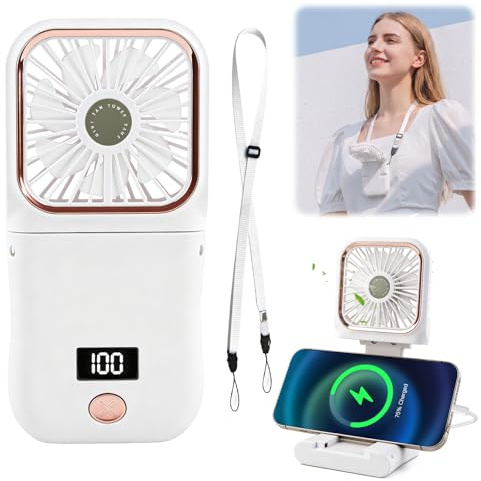 Fancysky Mini Ventilador Portatil Recargable, Ventilador Portátil USB de 3000 mAh, 4 en 1 Mini Ventilador de Mesa, Pequeño Ventilador de Cuello Plegable con Cordón para Viajes y Actividades (Blanco)