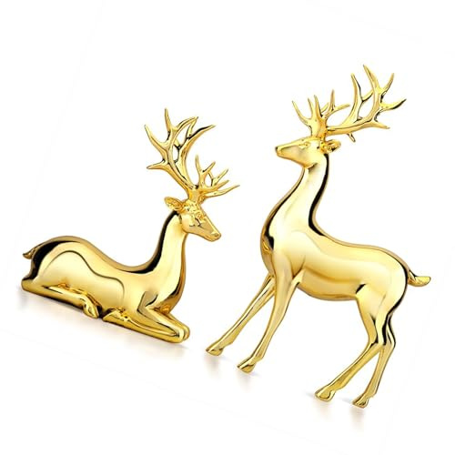 Ycauty Eleganta Hjortfigurer Statyer Set för Heminredning, Charmig Design med Stående och Knästående Ställning, Tillverkad i Harts, Perfekt Present Till par (Guld)