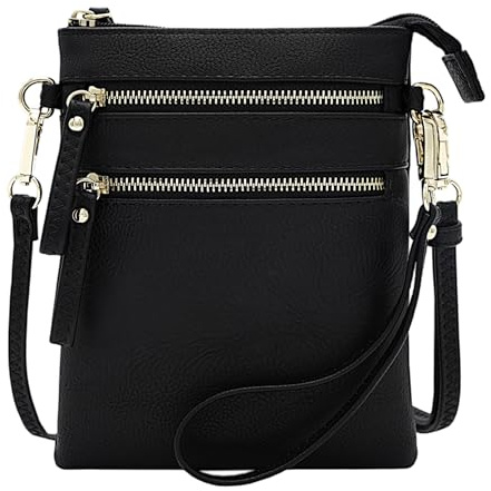 Solene Women's Faux Leather Organizer Multi Zipper Pockets Handbag With Detachable Wristlet Crossbody Bag-WU002(Black)
