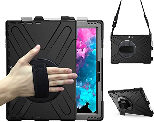 Skyddshölje för Microsoft Surface Pro 7 Plus 2021/Pro 7 2019/Pro 6 (2018)/Pro 5 (2017)/Pro 4/Pro LTE 12,3 tum, stötsäker och robust, med stativ och axelrem, kan roteras 360 grader, svart