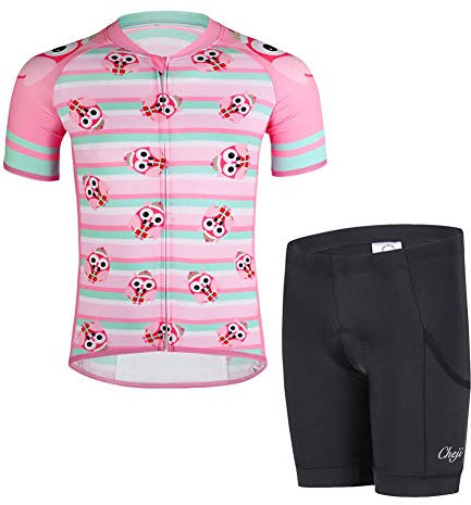 LPATTERN Kinder Radsport Bekleidung- Jungen/Mädchen Fahrrad Trikot-Set(Trikot Kurzarm+ Radhose)/ Radtrikot Kurzarm/Radhose Kurz, Eule auf Rosa(Anzug), Gr. 122/128(Herstellergröße: L)