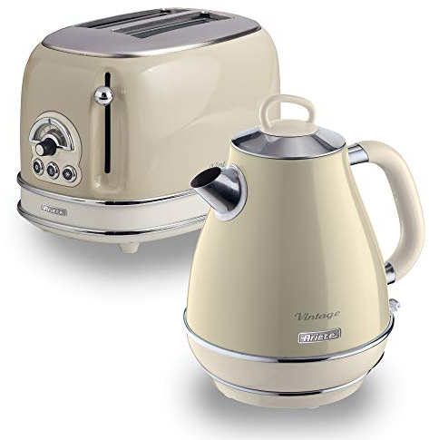 Ariete ARPK1 Retro Style Jug Kettle and 2 Slice Toaster Set, 1.7 Litre Kettle, Cool Touch, Auto Switch Off, Toaster Has 6 Browning Levels, Crumb Tray, Beige