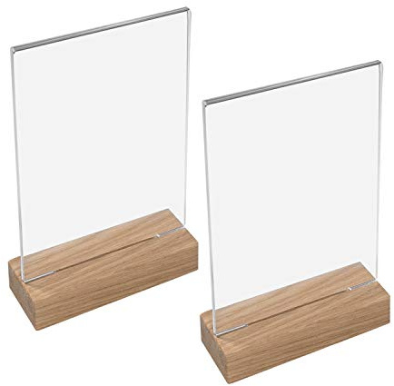 HMF 46942 Soporte de Sobremesa de Acrílico con Base de Madera | 2 Piezas | DIN A5 Vertical | Transparente