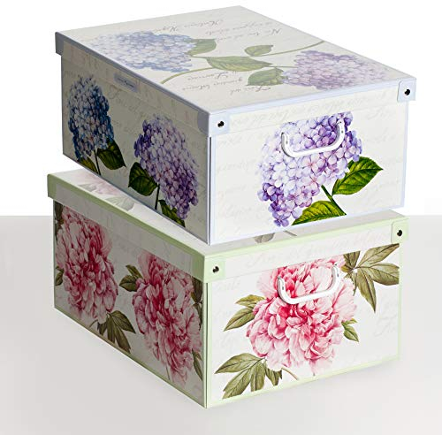 Lavatelli Set 2 pezzi Scatole armadio in cartone, organizer per vestiti e biancheria, per cambio stagione, Peonie/Ortensie 49x40xh24 cm