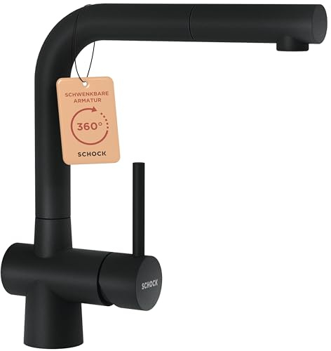 SCHOCK® Küchenarmatur LAIOS Magma I schwarze Hochdruck Armatur mit ausziehbarer Schlauchbrause I 360° schwenkbar I Edelstahl lackiert I Einhebelmischer I Höhe 285 mm