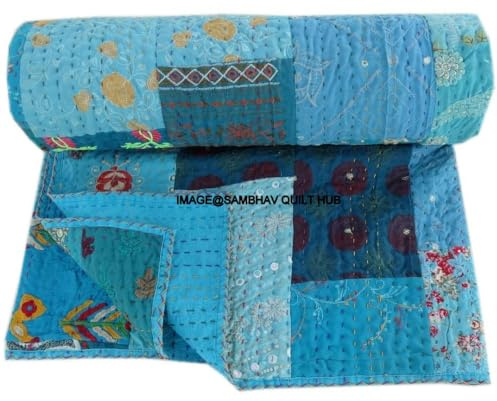 Handgefertigte Vintage-Sari-Jari-Patchwork, Khambhadiya, Kantha, Quilten, Stickerei, Kantha-Steppdecke, wendbar, Überwurf, Decke, Doppelbett, Queen-Size, King-Size-Bett, Türkis, 274 x 274 cm
