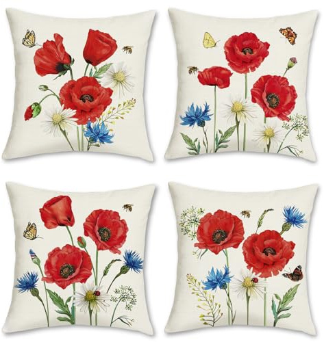 Bonhause 4er Set Kissenbezüge Blumen Rote Mohn 45 x 45 cm Polyester Leinen Dekorative Kissenhülle Zierkissenbezüge für Sofa Schlafzimmer Wohnzimmer Auto Zuhause Dekoration