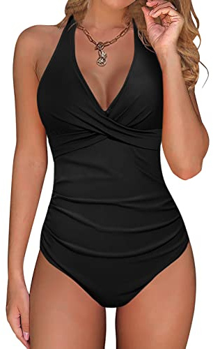 Voqeen Traje de Baño de Una Pieza Mujer Control de Barriga Fruncido Bañador Halter Cuello en V Push Up Traje de baño Acolchado Monokinis