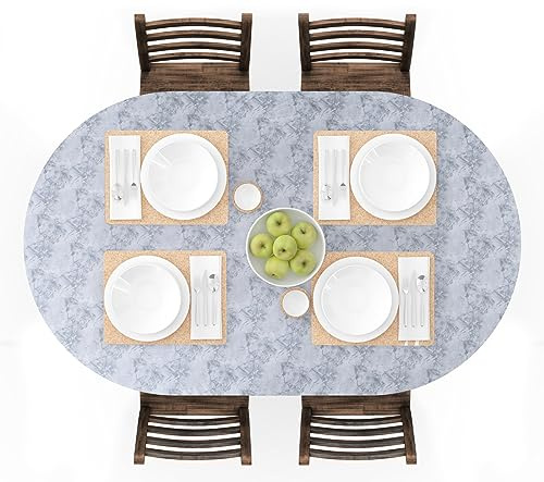 UMINEUX Nappe Ovale ajustée en Vinyle avec Bords élastiques et Revers en Flanelle, imperméable et Facile à Nettoyer – Convient aux Tables jusqu'à 106,7 x 172,7 cm (marbre Gris)