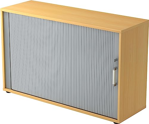 bümö Aktenschrank abschließbar mit Rollladen, Rollladenschrank für Ordner & Co. - Büroschrank mit Rollo, abschließbarer Ordnerschrank aus Holz in Buche/Silber mit Chromgriff