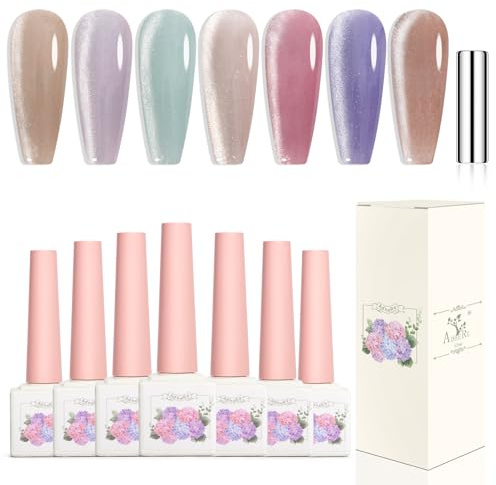 Adhere 7Pcs 12ML Cat Eye Soak Off UV LED Gel Nagellack Set, reflektierende Glitter Cat Eye, funkelnde Diamant Magnet Champagner, hellviolett, romantische rosa Farbe mit Magnet