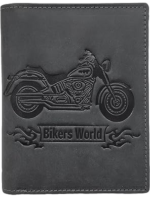 LOLUNA® Portefeuille Motif imprimé Cuir Vintage, RFID Blocage, 3 Volets avec Pression, Carte, permis, identité et Monnaie - Idée Cadeau (Noir Moto)