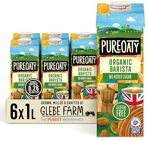 Glebe Farm PureOaty Organic Barista Oat Milk, Vegan, Gluten-Free Milk, Vegan Coffee Creamer & High Protein Plant Milk, Non-Dairy (1L 6-Pack)