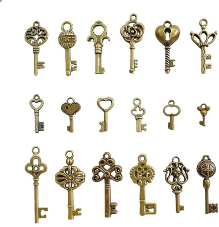 Moguri Lot de 18 Mini Clés Décoratives Vintage Mixte Bronze - Mariage Rétro Antique Décoration Collier Pendentif Classique