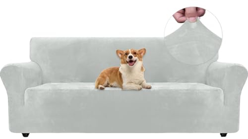 Ystyle Elastischer Samt Sofabezug 3 Sitzer, Splittergrau | Stretch Sofa Überzug, Sofaschoner Rutschfest, Couch Überzug, Sofa Cover mit Armlehnen, Sesselschoner Sofaschutz Katze