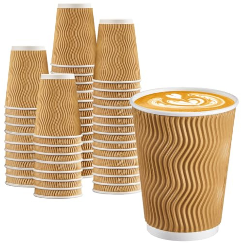 BYSNOW 100 Pack 12 oz Coffee Cups, Disposable Insulated Hot Cups To Go Paper Coffee Cups, Corrugated Ripple Wall Cup for Hot Drink, Office, Coffee Bar (Champagne 12 oz)