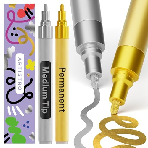 ARTISTRO ARTISTROPermanent Marker - Waterproof Markers for Tire, Fabric, Rocks, Glass, Ceramic, Wood, Paper - Oil Based Paint Pens 2 Gold & Silver Medium Tip