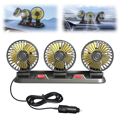Hojalis Auto Ventilator, Tragbare 360 °drehbarer Auto Fan, Ventilator Auto 12V, Ventilator für Zigarettenanzünder, Auto-Kühlluftventilator mit 2 Geschwindigkeiten, für Lkw, Van, Suv,Rv (Drei Köpfe-A)