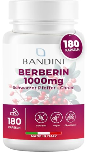 Bandini® Berberina 1000mg pura alto dosaggio | 180 capsule vegane - Berberin HCl da Berberis Aristata al 97% + Cromo e Pepe Nero | Massimo assorbimento - Funzione digestiva, epatica, intestinale