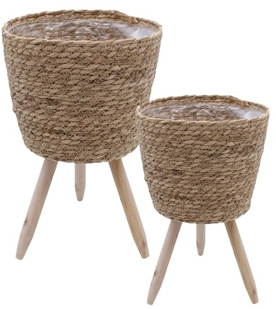 Spetebo Blumenständer aus Stroh innen mit Folie 2er Set - Ø 26 und 23 cm - Rattan Pflanzenständer mit 3 Holz Beinen - Deko Blumentopf Pflanztopf Korb Topf mit Füßen für Zimmerpflanzen