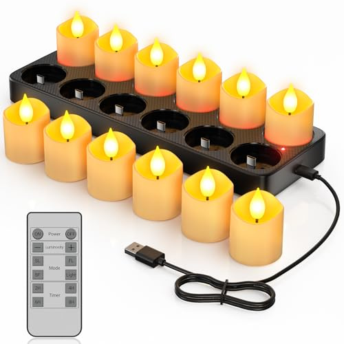 Ymenow Rechargeable Tea Lights with Charging Station, 12pcs Battery Electric Flameless LED Tealights Candles Flickering with Remote Control and Timer for Home Table Dinner Wedding Christmas Decor
