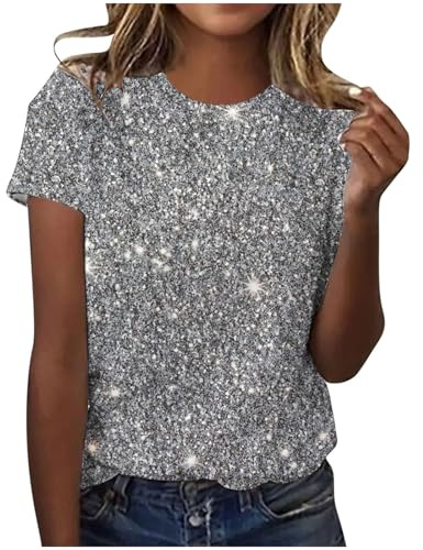 Glitzer Oberteile Damen Party Elegant Tshirt Sommer Lässig Tunika Tops Rundhals Mode Kurzarm Shirt Vintage Pailletten Sommershirts Casual Sport Laufshirt Vintage Leicht Bluse Longshirt