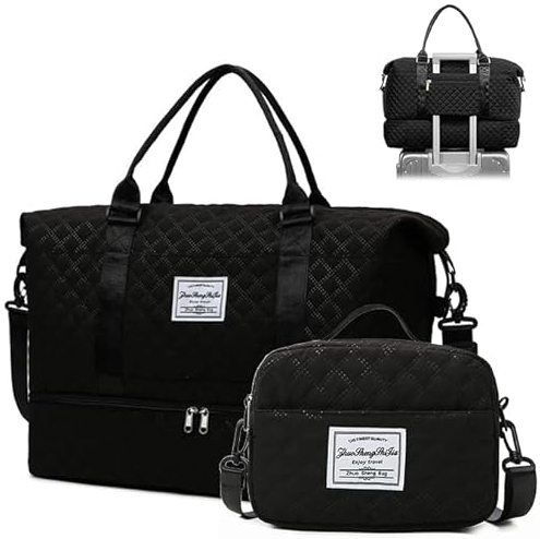 Quirkademy Reisetasche Damen, Sporttasche Groß mit Schuhfach & Nassfach, Wasserdicht Weekender Handgepäck Tasche mit Kosmetiktasche, Trainingstasche Schwimmtasche Duffle Bag Saunatasche (Schwarz)