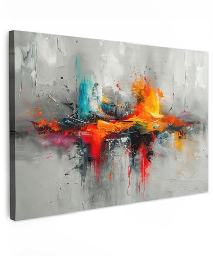 MuchoWow© Leinwandbild Dekoration Wohnzimmer Bilder Pictures Wall | 90x60 cm - Decoration Living Room Wohnungs Deko Moderne Bild Modern - Kunst - Orange - Grau - Abstrakt