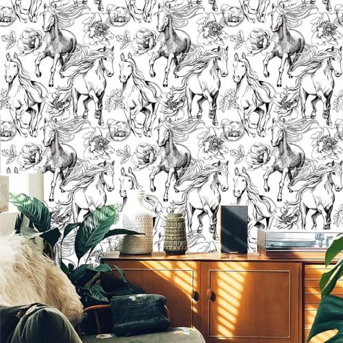 Selbstklebende Tapete Tier Pferd Pfingstrose Strukturtapete Wandtattoo Schlafzimmer Tapete Selbstklebend Vliestapete Wallpaper for Living Room Tapeten Wandschutzfolie 45x300cm