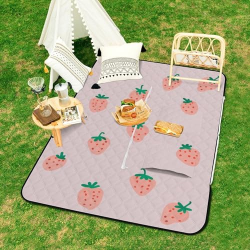 Surwin Picknickdecke Wasserdicht Waschbar, 3D Obst Muster Stranddecke Sandfrei Campingdecke Outdoor Oxford Stoff Strandmatte 2 in 1, 150x100cm Tragbare Strandunterlage (Rosa Erdbeere)