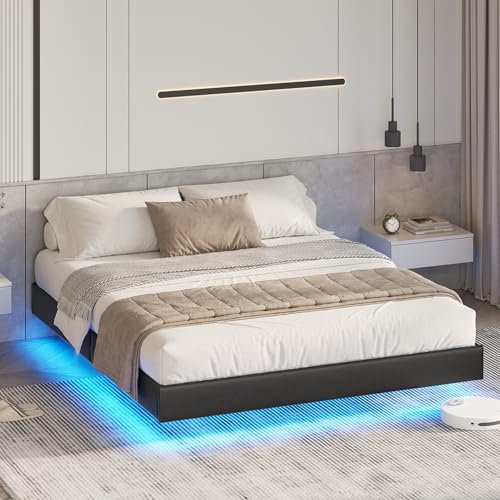 DICTAC Bett 160x200 mit LED Beleuchtung, Polsterbett Doppelbett 160x200 mit lattenrost, Schwarz Floating Bed Frame, Gepolstertes Jugendbett für Schlafzimmer, Gästezimmer, Leichte Montage, Stabil