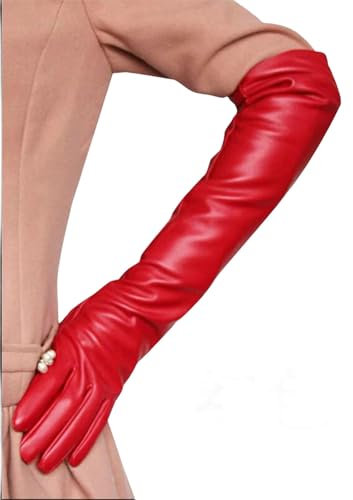 Lange Touchscreen-Lederhandschuhe Für Damen, 50 Cm, Modische Winterhandschuhe Red M