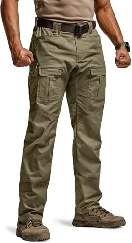 CQR Men's Flex Ripstop Tactical Pants, Water Resistant Stretch Cargo Pants, Lightweight EDC Hiking Work Pants, Breacher Soil Green, 30W/32L