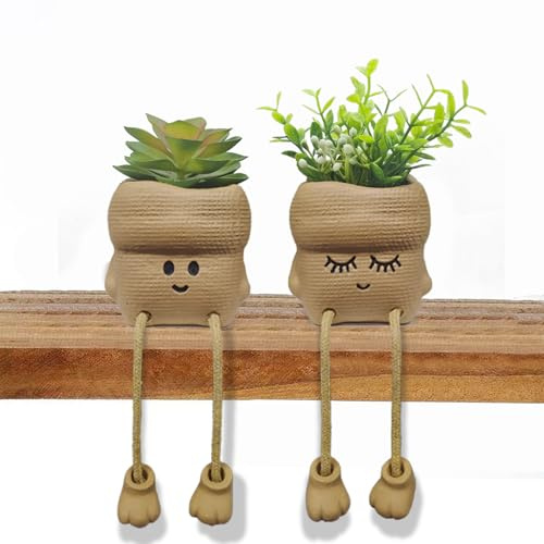 2PCS Smiley Face Succulent Artificial Plants Planters, Plant Pot Home Decor | Small Faux Plants Planter Indoor for Bathroom/Office/Kitchen Window Sill Decor, Fake Plant Ideas Gifts for Women
