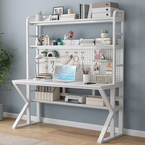 Computertisch aus Massivholz mit Ablagen und Stecktafel, moderner Schreibtisch für Zuhause, Büro, Arbeitszimmer, großer stabiler Schreibtisch