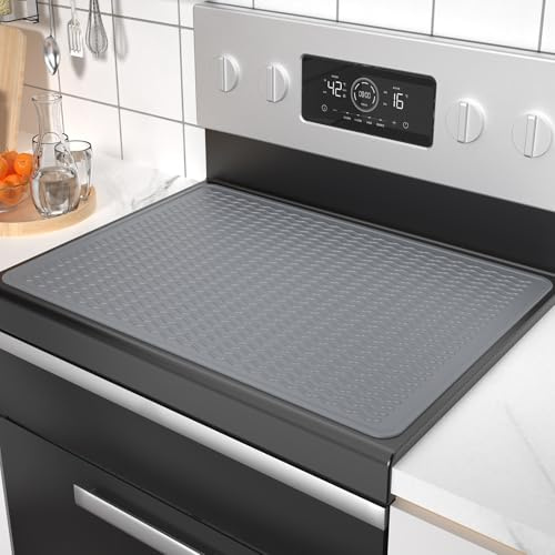 Silicone Stove Top Covers for Electric Stoves, Heat-Resistant Silicone Mat for Glass Stove Top,Thick Induction Cooktop Protector,Kitchen Dish Drying Mat (Grey-Wave, 70x50cm)