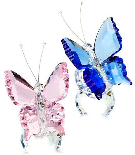 JABALUX Kristall Schmetterling Figur mit Kugelsockel, Glas Schmetterling Tier Statue Tischdekoration Briefbeschwerer 2 Stück (Rosa und Blau)