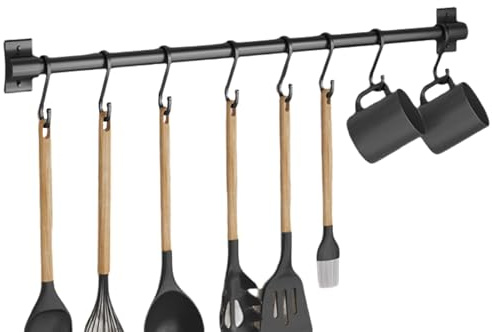 Wansiman Porta Utensili Cucina,Barra Portautensili Cucina,Ganci Cucina,Supporto in Alluminio per Utensili da Cucina,Ganci Cucina Senza Buchi,Senza Foratura,Accessori Cucina，per Cucina,Nero