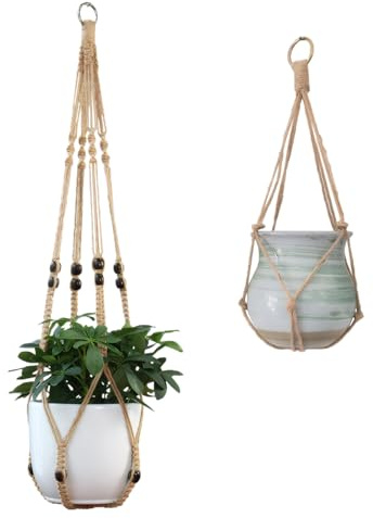 ExcellaElite 2 Pack Macrame Plant Hanger, Boho Style Plant Hangers, Hanging Plant Pots Indoor, Hanging Plant Holder with Beads Decoration for Garden, Office, Home Decoration(2 Sizes)