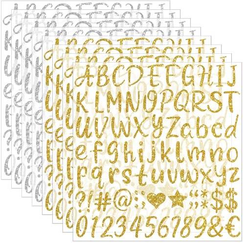 648 PCS Gold Letter Stickers Glitter Alphabet Stickers 1 Inch Self Adhesive Waterproof Vinyl Small ABC Letters for Graduation Cap Water Bottles Cup Mailbox Scrapbooking Sign Crafts(8,Gold and Silver)