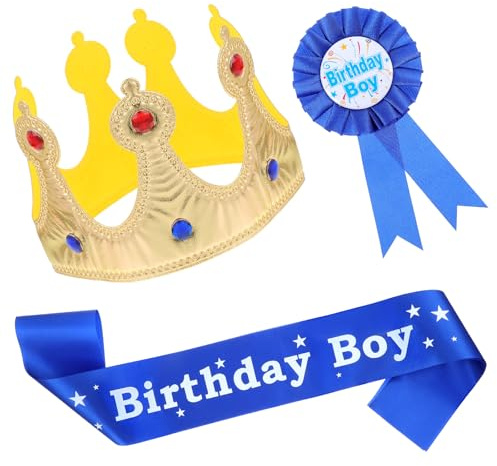 Simarro King Crown, Sash, Decorations, Photo Props, Button Pin Accessory Set, Aprince Crown Hat Gold, Birthday Decorations, Boys Kids Theme Birthday Party Decoration