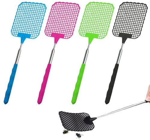 Fliegenklatsche, 4 Stück Fliegenklatsche Ausziehbar,Fliegenklatschen,Manual Extendable Fly Catcher Mit Stark Teleskop Griffür Für Fliegen Und Insekten Abzuwehren(Blau, Rosa,Grün,Schwarz)