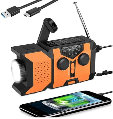 Wind Up Emergency Radio, Solar Powered Hand Crank Portable AM/FM Weather Radio 2000mAh Survival with LED Bright Flashlight, SOS Alarm, Headphone Jack, USB Port for Camping Hiking (Orange)
