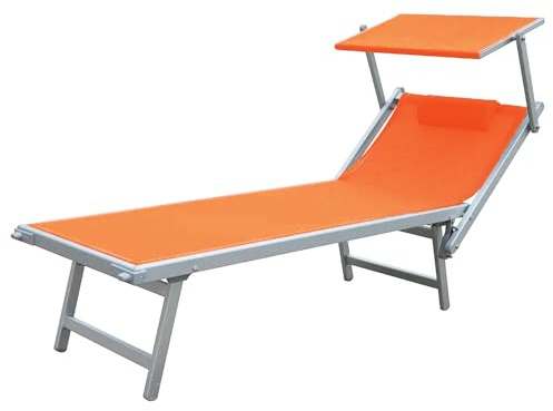 TEMPO STYLE - Tumbona profesional de aluminio L-Mediterráneo | Plegable con parasol y textileno, ideal para playa, piscina y jardín (marco blanco textileno terracota)