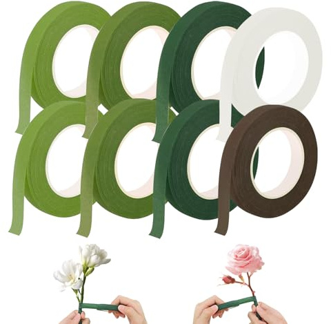 APKOL 8 Rollen Grün Braun Weiß Floristenband,Floristenband Selbstklebend Flora Kreppband für Wrapping Blumensträuße und Blumenhandwerk,Floral Tape(12mm x 27m/Rolle)