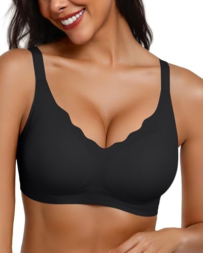 Adisputent Non Wired Bras for Women Wireless Push Up Bra Seamless Comfort Soft Support Bra Scalloped Padded Sports T Shirt Bras Ladies Full Coverage Everyday Bralettes (Black,M)