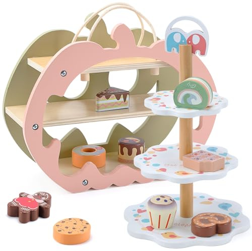 CUTE STONE Holz Tee Party Spielset, Dessert-Spielzeug für Kinder mit beidseitigem Feiertagsständer, Cupcake-Ständer, Rollenspiel-Backset für Mädchen & Jungen von 3–6 Jahren