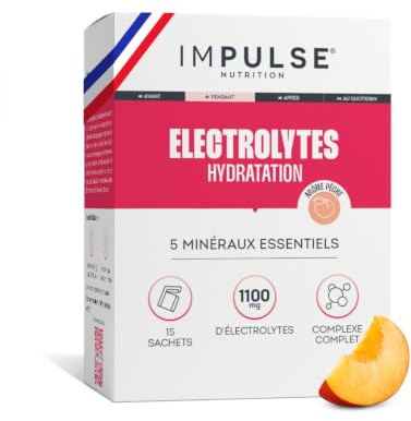 Impulse Nutrition - Électrolytes Poudre Pêche - Sodium, Potassium, Magnésium, Calcium, Zinc - Hydratation, Énergie et Endurance - Anti-Crampes - Sans Édulcorants - Sport - 15 sachets