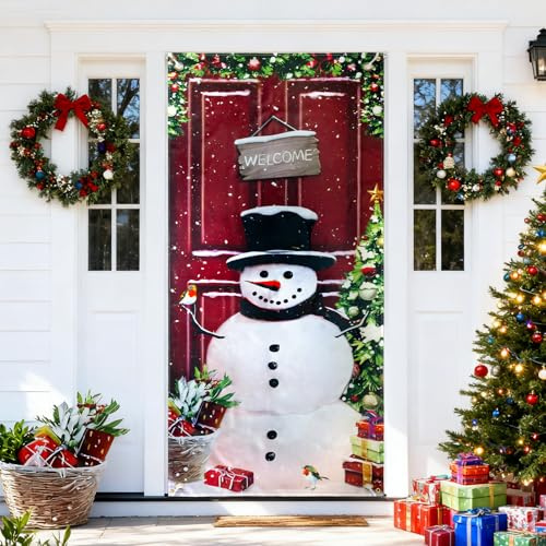 Weihnachten Tür Abdeckung Dekoration Weihnachtsbanner 180x90cm Schneemann | Langlebig und Waschbar Schneemann Christmas Door Decoration für Haustür Veranda Innen Weihnachtsfeier Neujahr