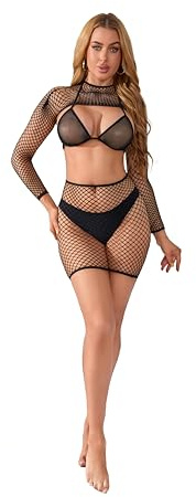 Bommi Fairy Dam klippt fisknät sexigt underkläder set mesh, hollow-Out babydoll, crop top med justerbar bh + nätklänning, 3 stycken kostymset (svart)